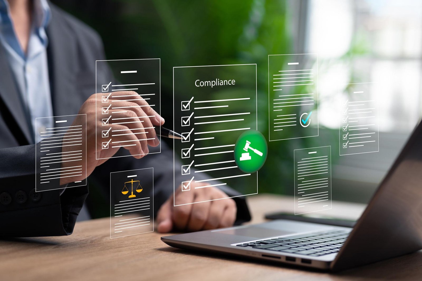 Business consultant managing compliance, legal documentation, and regulatory requirements